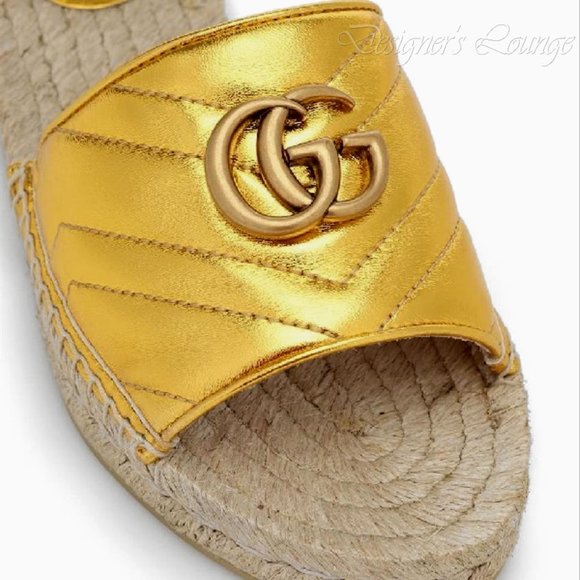 ⚡️SOLD! NEW GUCCI Marmont GG EU 39.5 Pilar Metallic Gold Leather Espadrilles - Picture 4 of 11